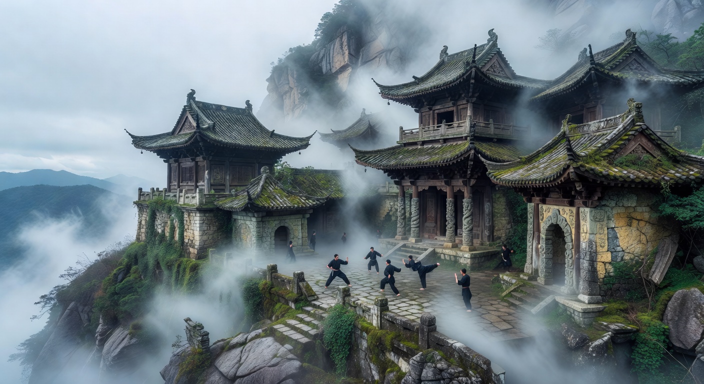 Ancient kung-fu mountain temple shrouded in mist