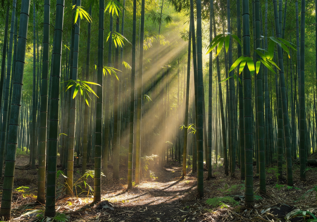 Bamboo forest with sunlight streaming through tall green stalks