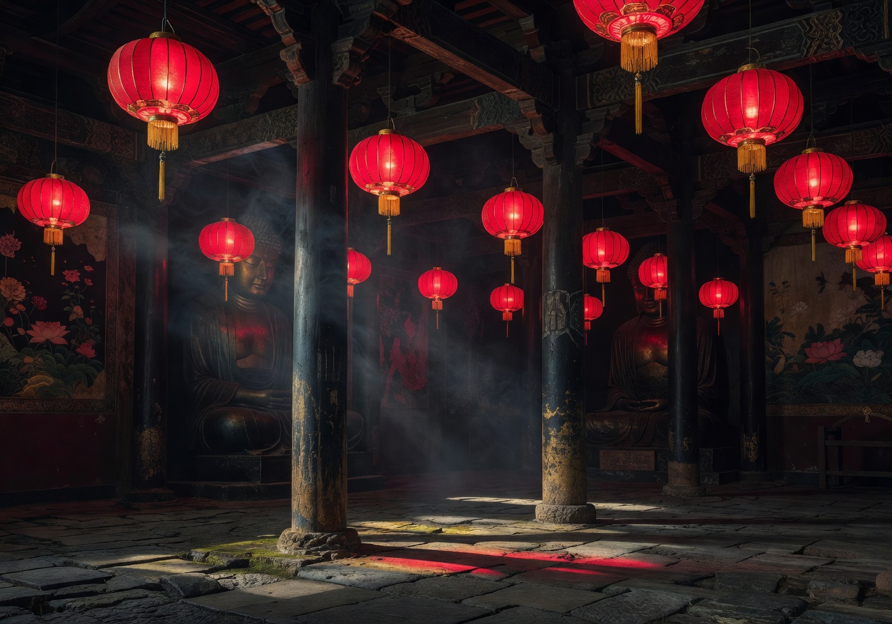 Glowing red paper lanterns hanging in ancient temple