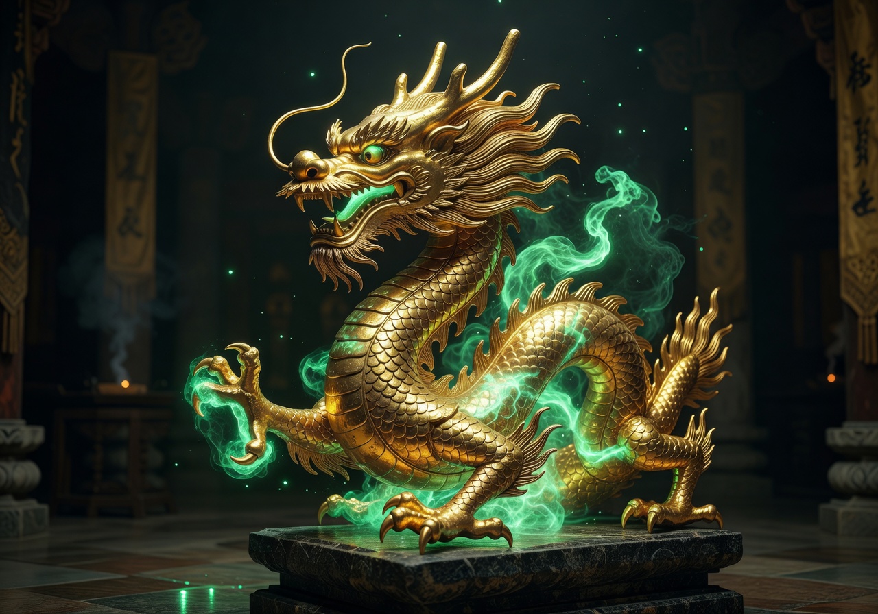 Golden eastern dragon statue glowing with jade energy