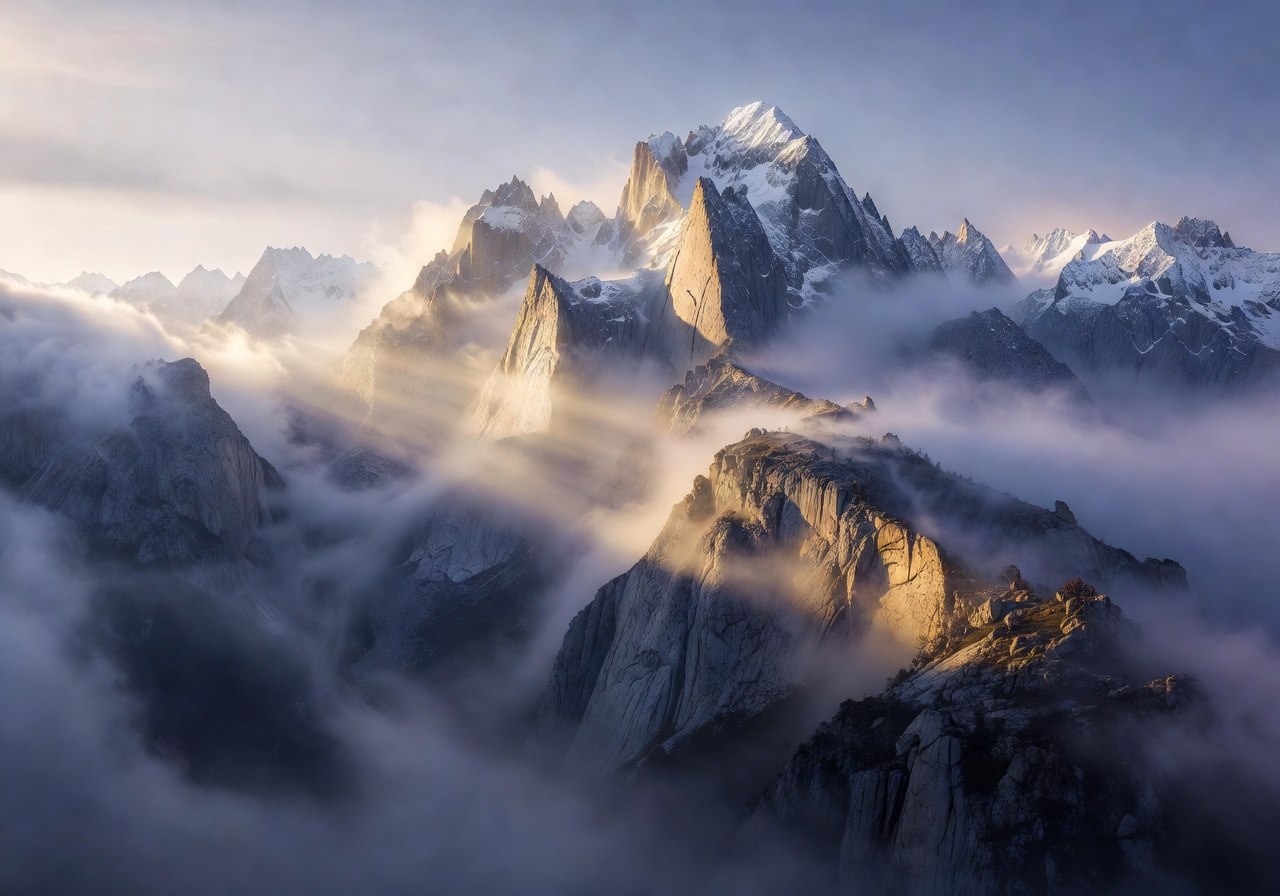 Mystic foggy mountains at sunrise with ancient cliffs